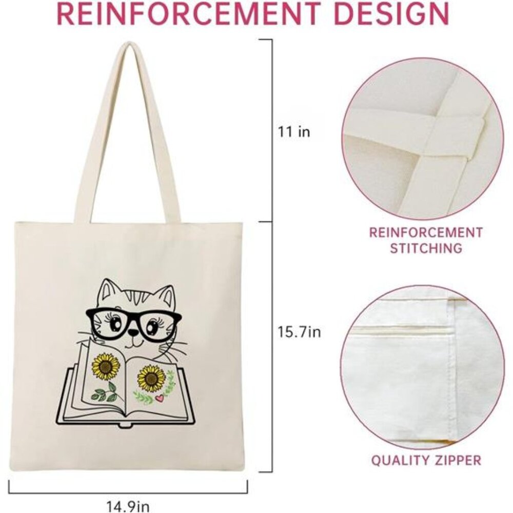 Canvas Tote Bag for Women Aesthetic Cute Cat Shopping Grocery Reusable Bag - Picture 6 of 6